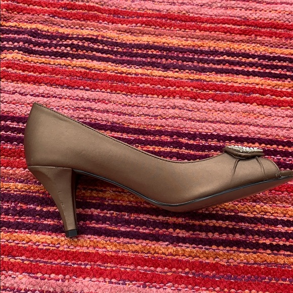 Easy Street Brown Satin Heels, Retro Style Rhinestone, Peep Toe Pumps, Prom - Picture 4 of 8